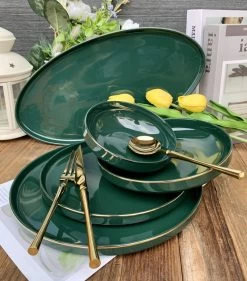 Selinex Porselein Serviesset Groen Met Gouden Rand 6 Persoons, 25-delig