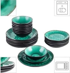 Merkloos Combiservies, 24-delig Coco Tafelservies Van Aardewerk, Raku Glazuur Effect Serviesset, Bevat Mueslikommen, Dessertborden En Dinerborden Voor 8 Personen In Vintage Look, Groen -Korting Op Tafelgerei 1161x1200 2