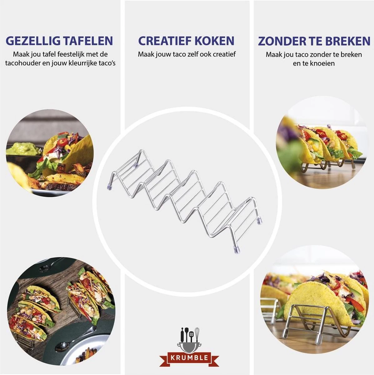 Krumble Taco Houder - Taco En Tortilla Houder Voor 4 Stuks - Serveerschalen - Koken & Tafelen - Kookgerei - Snack- & Tappasschalen - Metaal - Zilver 2 Krumble Taco Houder - Taco En Tortilla Houder Voor 4 Stuks - Serveerschalen - Koken & Tafelen - Kookgerei - Snack- & Tappasschalen - Metaal - Zilver - Afbeelding 2