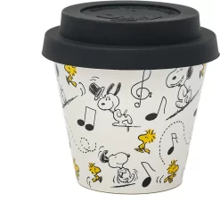 Quy Cup - 90ml Ecologische Reis Beker - Espressobeker “Peanuts Snoopy Music” Met Zwarte Siliconen Deksel