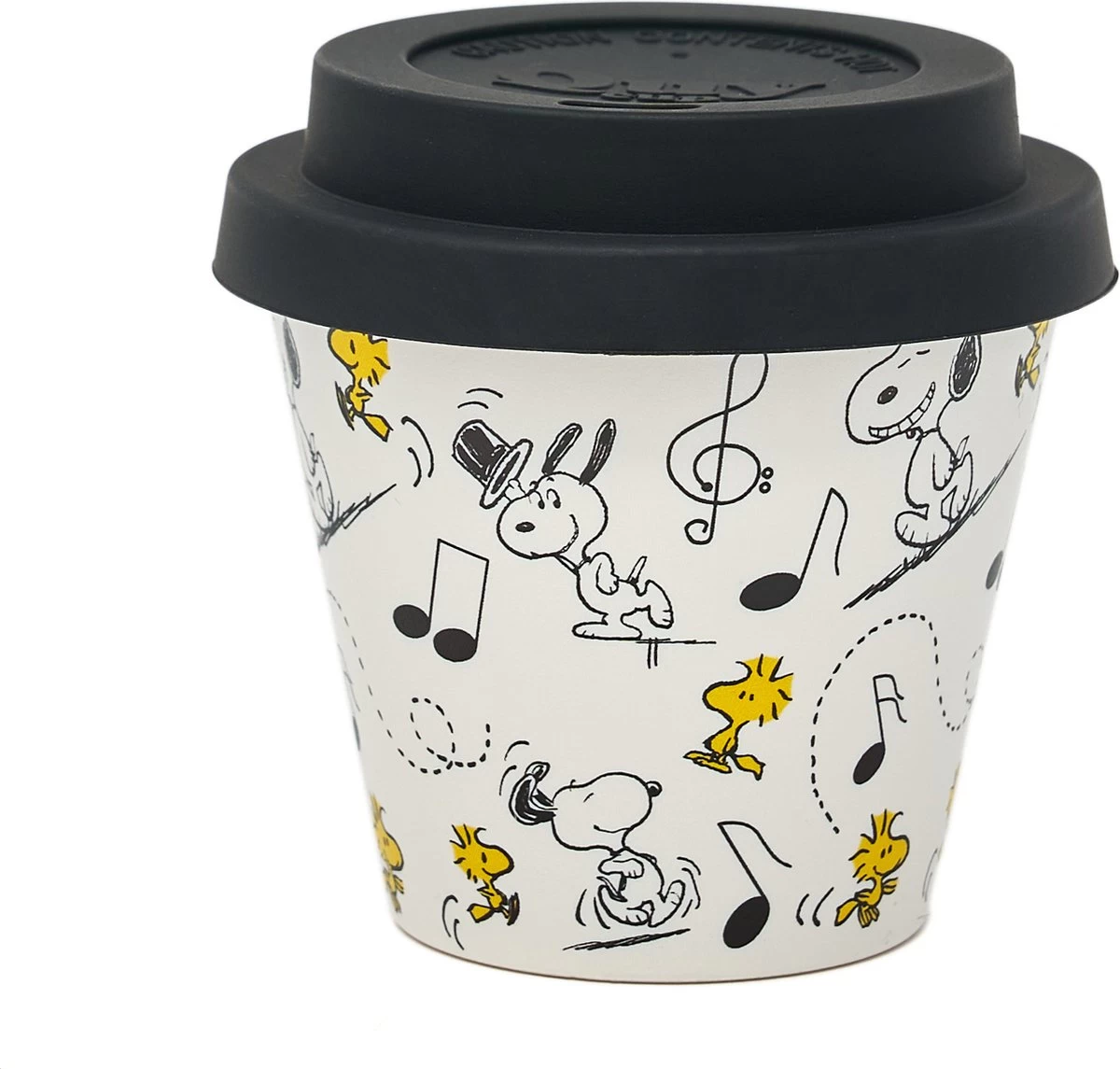 Quy Cup - 90ml Ecologische Reis Beker - Espressobeker “Peanuts Snoopy Music” Met Zwarte Siliconen Deksel 1 Quy Cup - 90ml Ecologische Reis Beker - Espressobeker “Peanuts Snoopy Music” Met Zwarte Siliconen Deksel