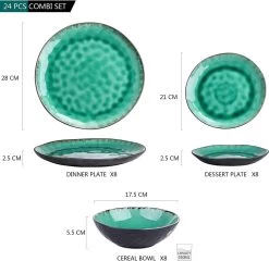 Merkloos Combiservies, 24-delig Coco Tafelservies Van Aardewerk, Raku Glazuur Effect Serviesset, Bevat Mueslikommen, Dessertborden En Dinerborden Voor 8 Personen In Vintage Look, Groen -Korting Op Tafelgerei 1200x1165 3
