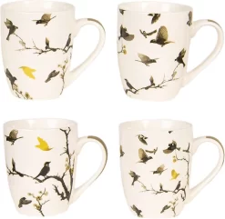 Clayre & Eef Mokken Set Van 4 300 Ml Beige Bruin Porselein Rond Vogels Koffiemok Cadeau Voor Haar Theemok
