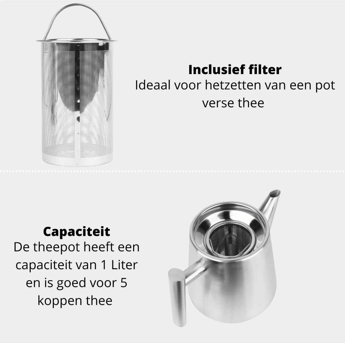 Castagnola Theepot Met Filter – Theekan – Theepot Dubbelwandig – Theepot Roestvrijstaal – Hoogwaardig RVS – 1 Liter – 5 Kopjes Thee – Zilver 6 Castagnola Theepot Met Filter – Theekan – Theepot Dubbelwandig – Theepot Roestvrijstaal – Hoogwaardig RVS – 1 Liter – 5 Kopjes Thee – Zilver - Afbeelding 6