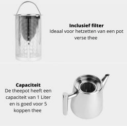 Castagnola Theepot Met Filter – Theekan – Theepot Dubbelwandig – Theepot Roestvrijstaal – Hoogwaardig RVS – 1 Liter – 5 Kopjes Thee – Zilver Glans -Korting Op Tafelgerei 1200x1195 13