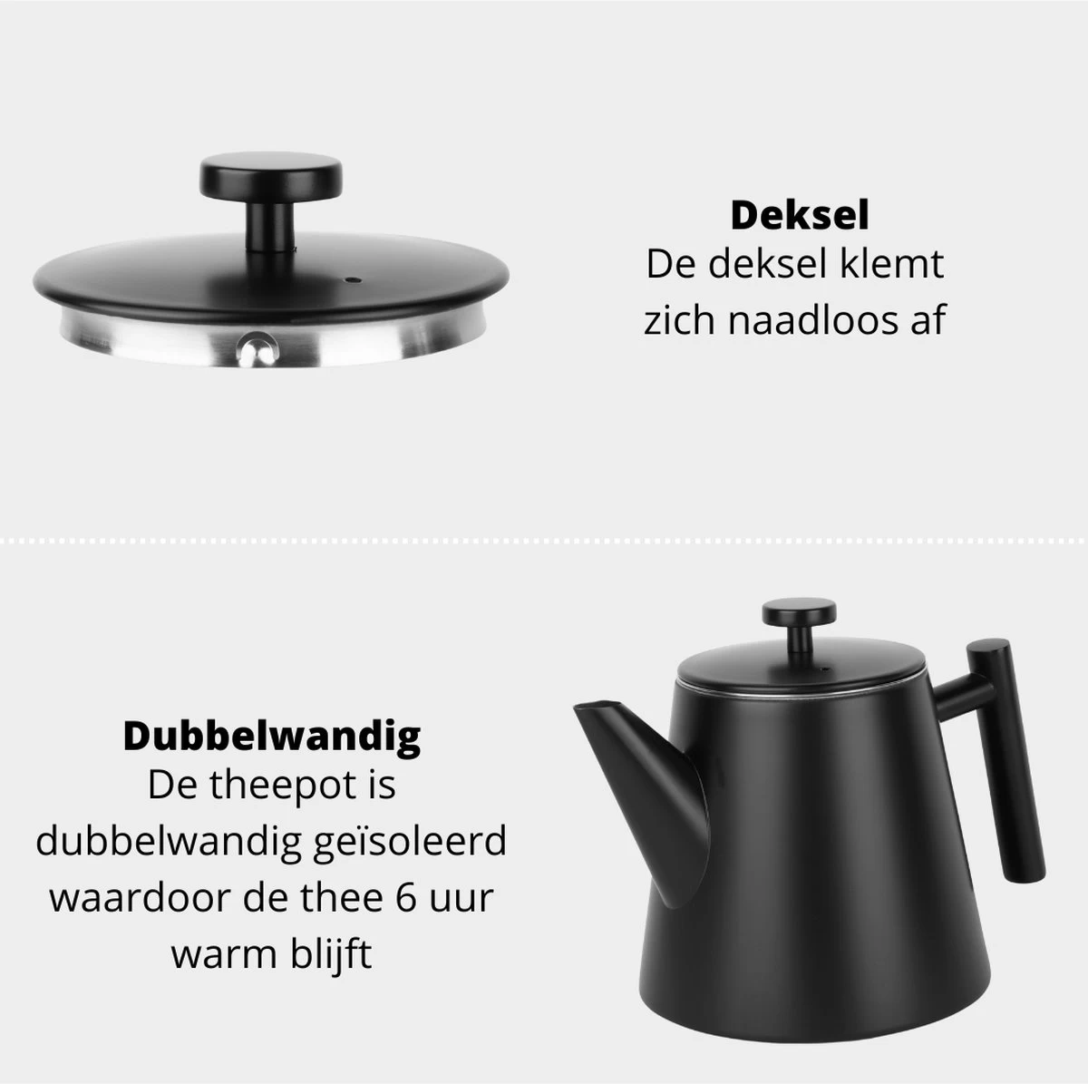 Castagnola Theepot Met Filter – Theekan – Theepot Dubbelwandig – Theepot Roestvrijstaal – Hoogwaardig RVS – 1 Liter – 5 Kopjes Thee – Zwart 8 Castagnola Theepot Met Filter – Theekan – Theepot Dubbelwandig – Theepot Roestvrijstaal – Hoogwaardig RVS – 1 Liter – 5 Kopjes Thee – Zwart - Afbeelding 8