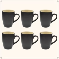 OTIX Koffiekopjes - Met Oor - Set Van 6 - Theekoppen - 340ml - Zwart - Keramiek