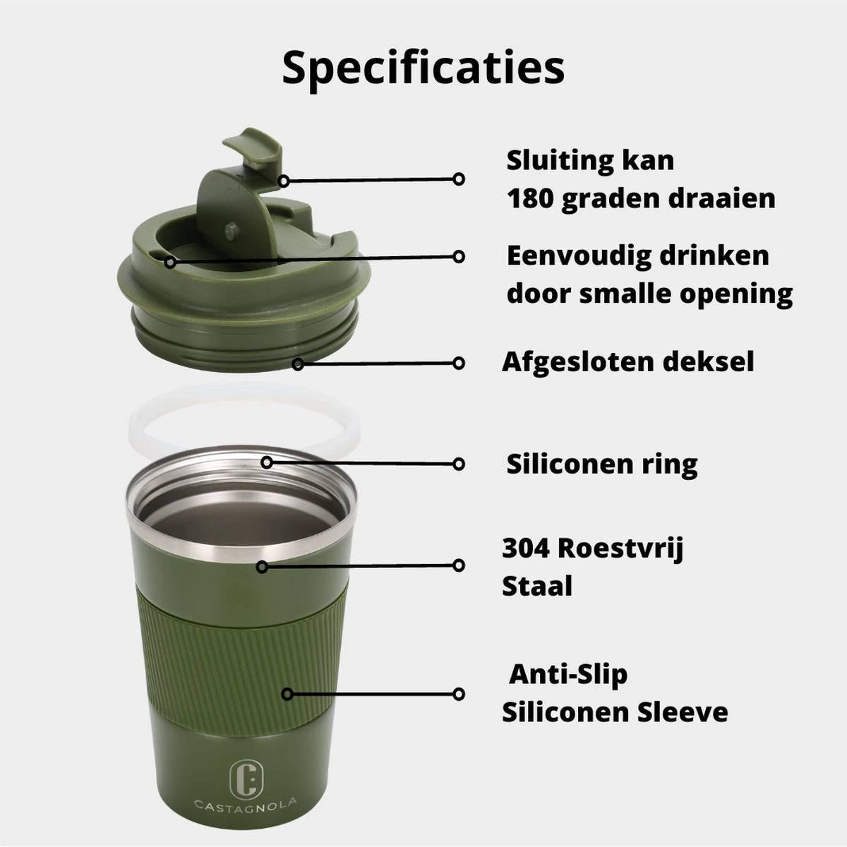 Castagnola Design RVS Koffiebeker To Go - Groen - 380ml - Thermosbeker - Theebeker 5 Castagnola Design RVS Koffiebeker To Go - Groen - 380ml - Thermosbeker - Theebeker - Afbeelding 5