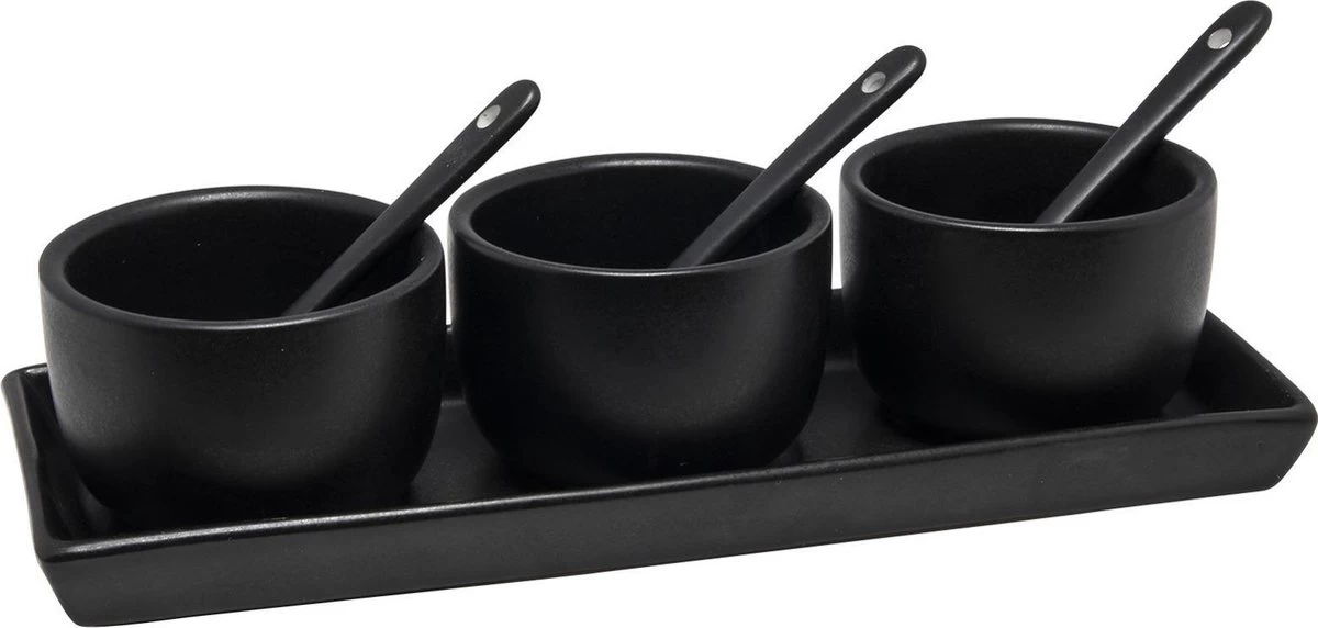 Alpina Sauzenset/serveerset 7-delig Zwart Met Serveerblad/schaaltjes/lepels - Serveerbladen/Dienbladen - Amuse Hapjes 1 Alpina Sauzenset/serveerset 7-delig Zwart Met Serveerblad/schaaltjes/lepels - Serveerbladen/Dienbladen - Amuse Hapjes