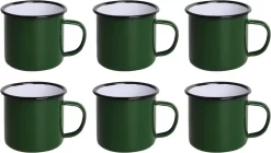 Olympia Emaille Mok 35cl - Emaille Beker Groen / Zwart - Emaille Servies ( Set Van 6 )