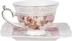 Clayre & Eef Kop En Schotel 200 Ml Roze Wit Porselein Rond Bloemen Servies Cadeau Voor Haar Cappuccino -Korting Op Tafelgerei 1200x689