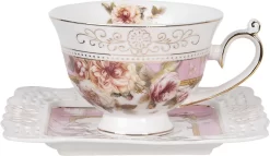 Clayre & Eef Kop En Schotel 200 Ml Roze Wit Porselein Rond Bloemen Servies Cadeau Voor Haar Cappuccino