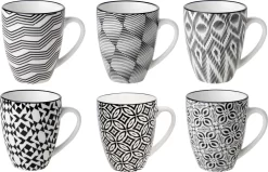 Set Van 12x Stuks Kopjes/bekers Nikko Zwart/wit Print 19 Cl - Koffie/thee Mokken Met Oor