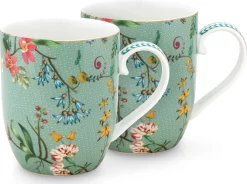 Pip Studio Jolie - Set 2 Tassen Flowers - Small 145ml - Mokken Klein - Bloemen - Groen