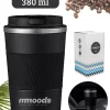 Mmoods Thermosbeker Voor Koffie En Thee 380ml - Koffiebeker To Go - Reisbeker Voor Auto - Herbruikbare Drinkfes Voor Warme En Koude Dranken - Ecologische Thermoskan Zwart Geschenk